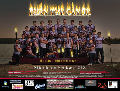 2018 Middleton Cardinal Football Poster, high school seniors, Sponsored by Discovery water management, Dunkin' Donuts, Wrench Auto Service, Little Red Pre-School, Culver's, Malibu Pools, Simon, Red's Pool, Ad Press