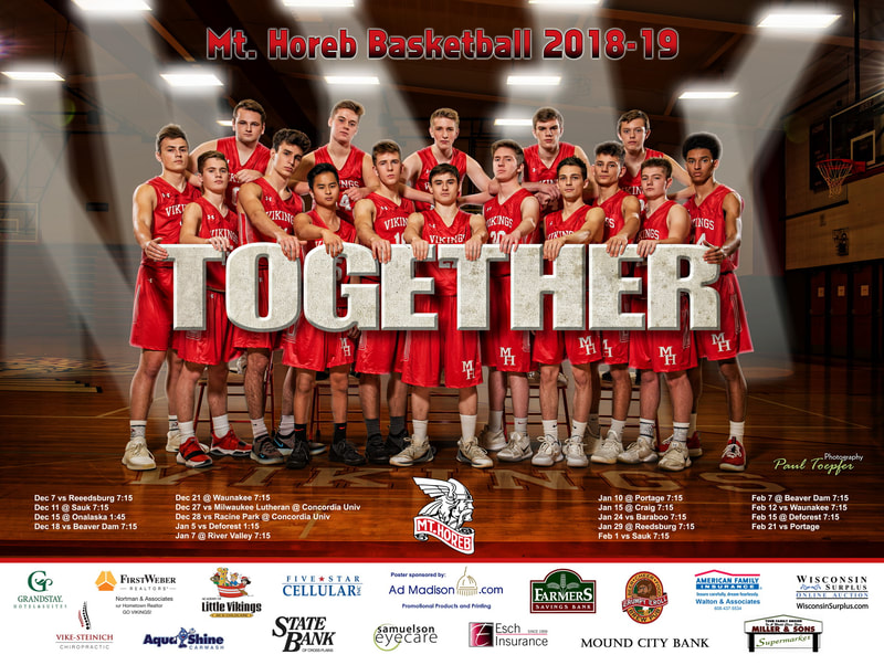 Mt Horeb professional sports poster for their Basketball Team by professional  photographer, Paul Toepfer, with Paul Toepfer Photography. Paul Toepfer is a premiere high school senior portrait photographer for Mt Horeb High School, Middleton High School, Waunakee High School, Verona High School, Monona Grove High School, Memorial High School, Edgewood High School, East high School, West High School, LaFollette High School, Edgerton High School and Sun Prairie High School.