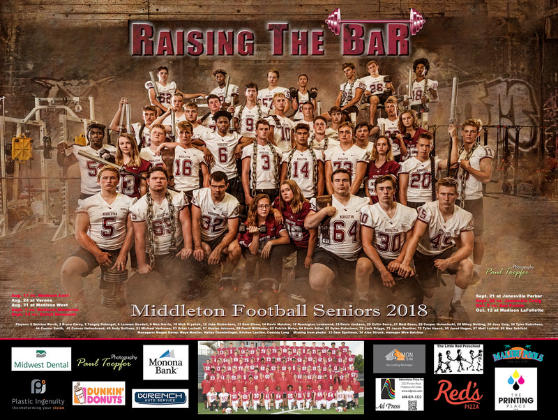 Middleton High School Football sports poster by professional  photographer, Paul Toepfer, with Paul Toepfer Photography. Paul Toepfer is a premiere high school senior portrait photographer for Middleton High School, Mt Horeb High School, LaFollette High School, Verona High School, Monona Grove High School, Memorial High School, Edgewood High School, East high School, West High School, Waunakee High School, Sun Prairie High School and Edgerton High School.